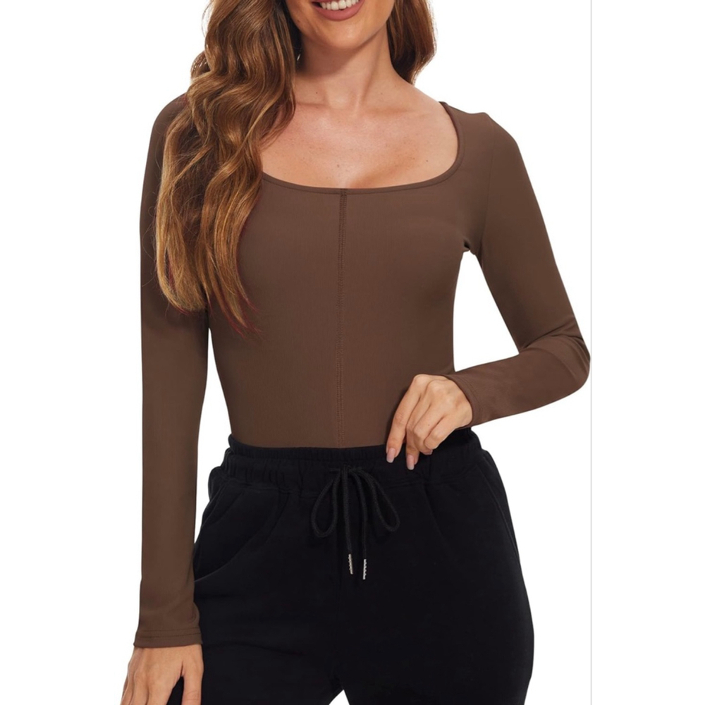 Brown Ribbed Long Sleeve Square Neck Athletic Top Women's